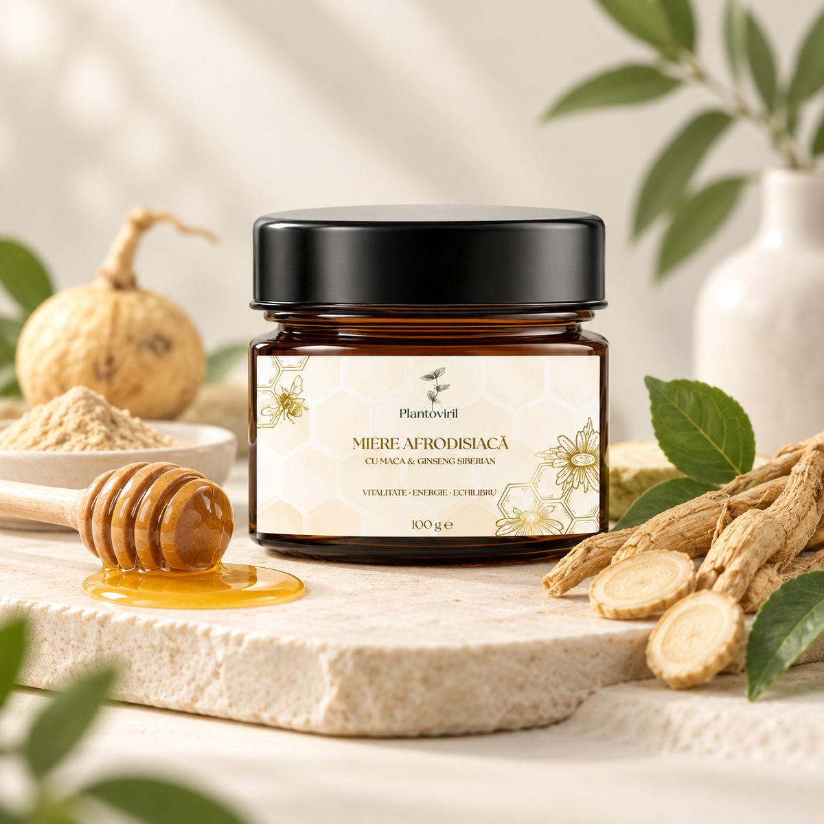 Plantoviril Miere cu Maca și ginseng siberian, imagine furnizată de comerciant.