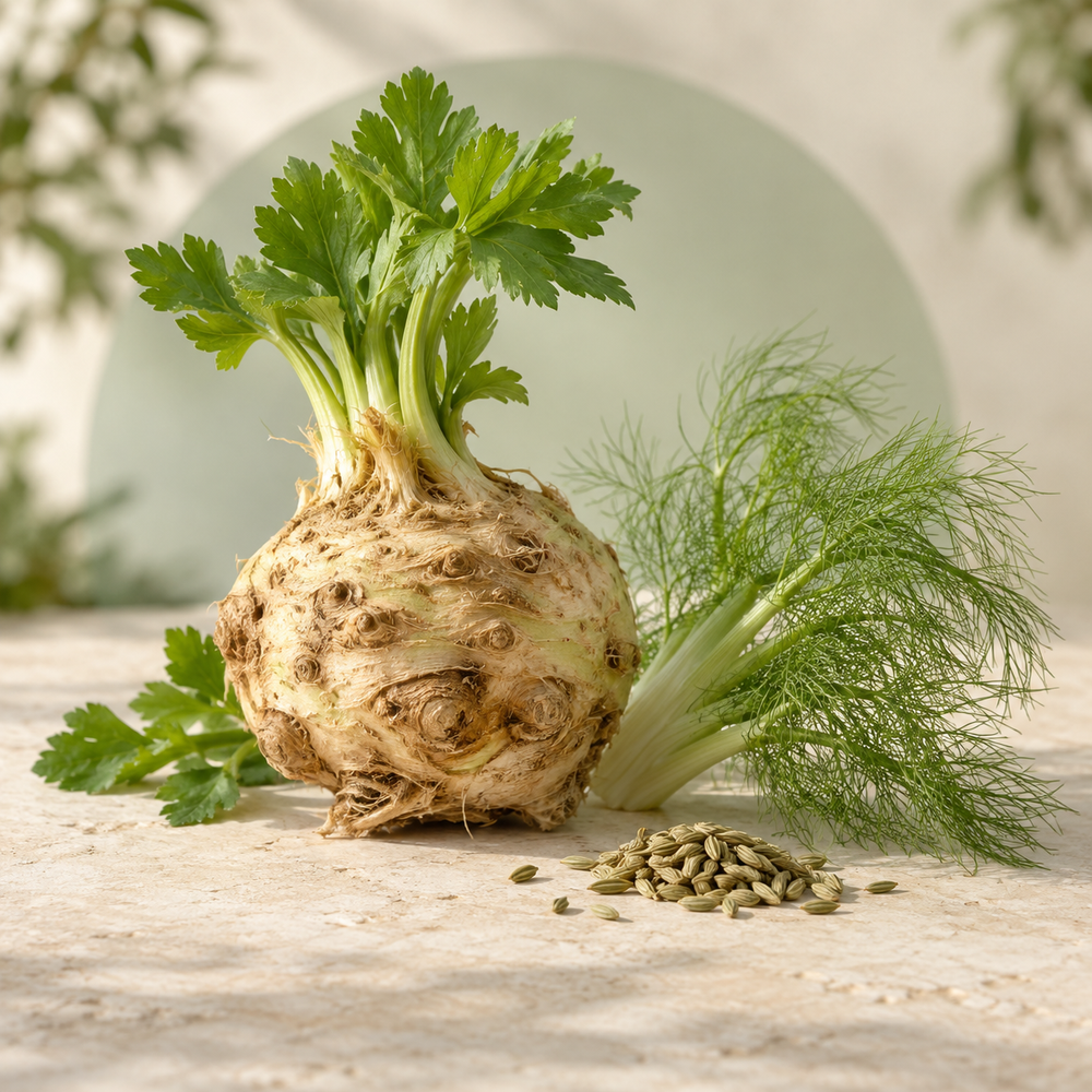 Țelină și semințe de fenicul, într-o compoziție botanică.
