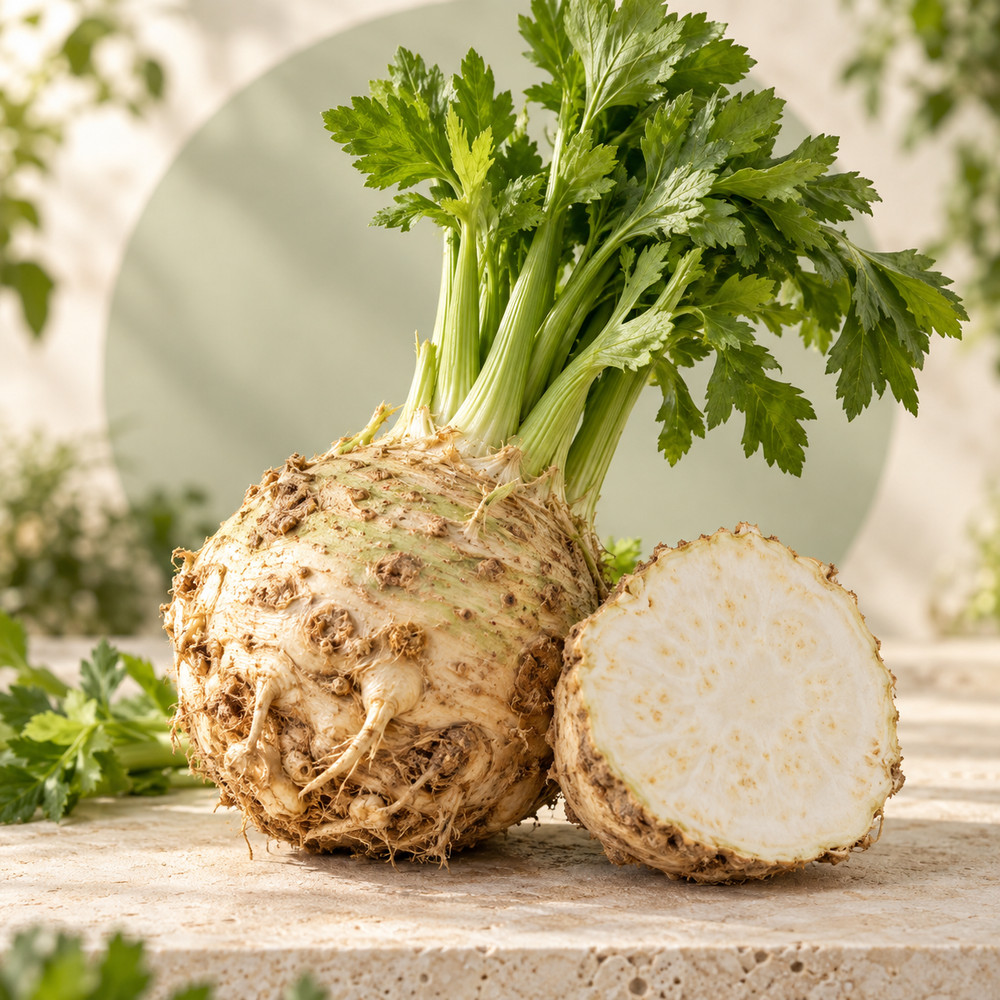 Rădăcină și frunze de țelină pe piatră naturală.