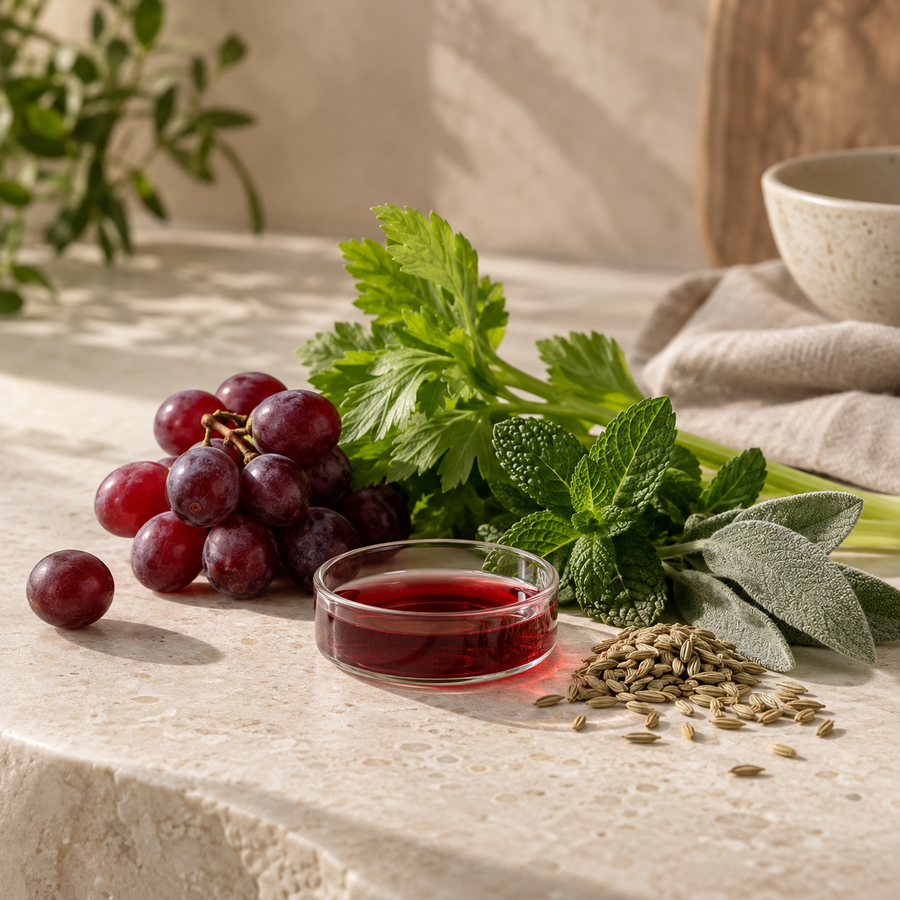 Struguri și plante aromatice, ingrediente ilustrative pentru macerat.