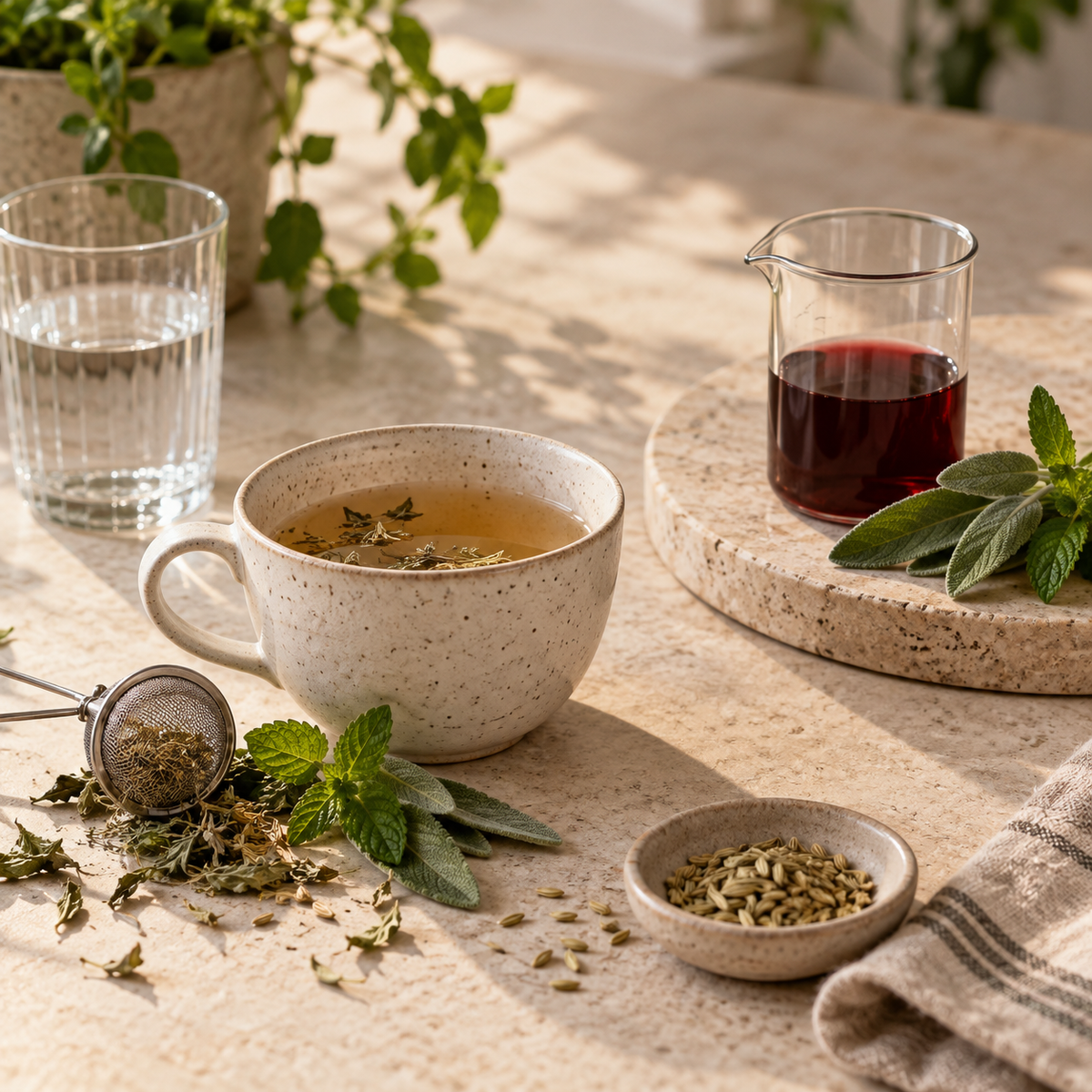 Infuzie în apă și macerat botanic în vin roșu, prezentate distinct.