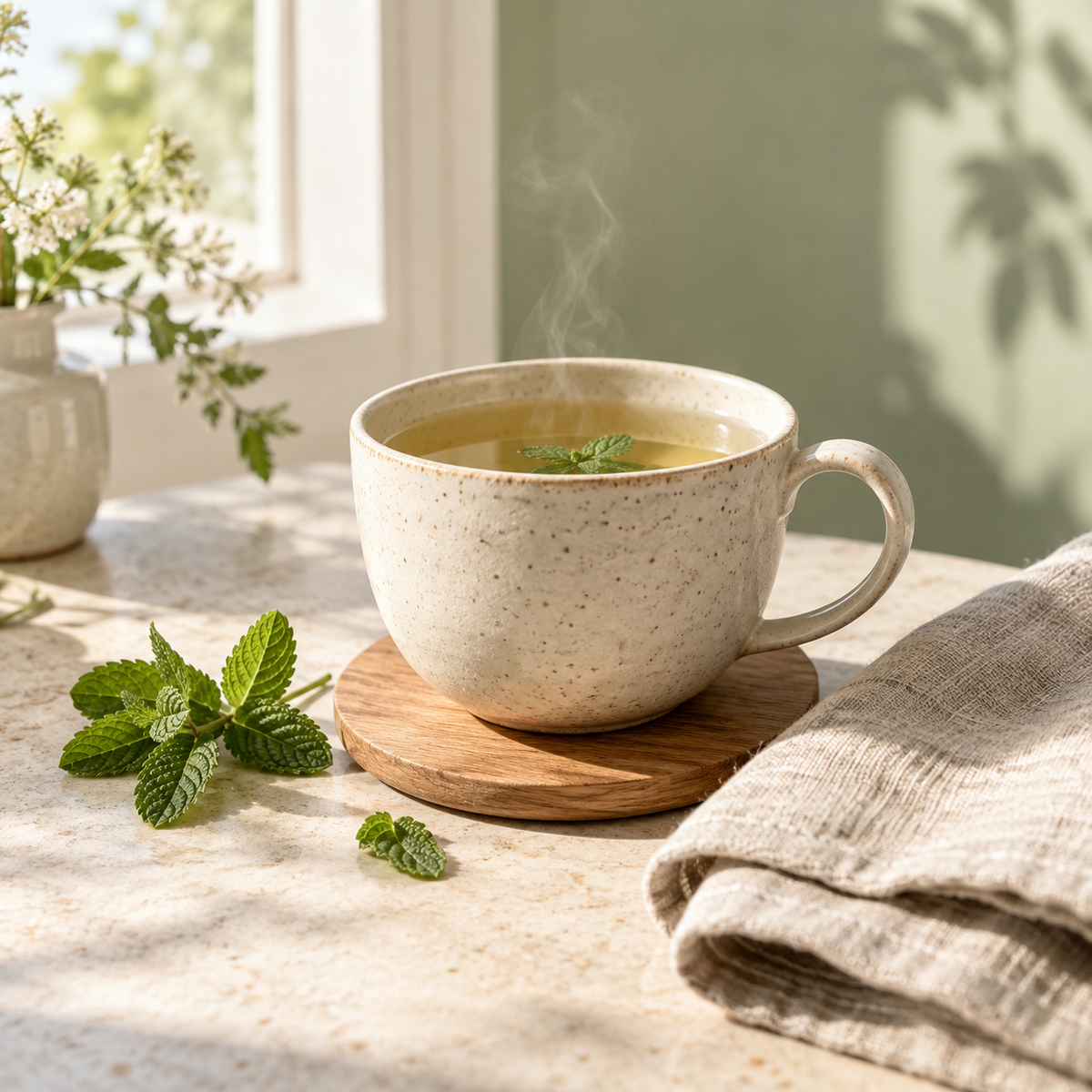O ceașcă de infuzie într-un colț luminos al casei.