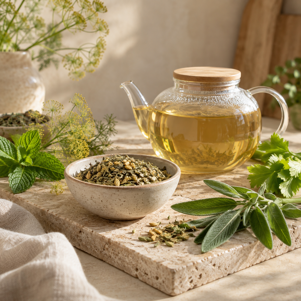 Plante aromatice și o infuzie pregătită, pe o suprafață naturală.